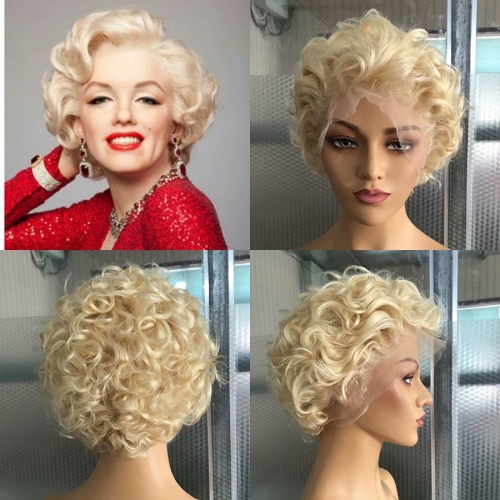 Osolovely Hair 180 13x6 613 Blonde Curly Human Hair Bob Wigs Blonde Pixie Cut Lace Wig Short Curly Blonde Bob 180 13x6 Lace Front Wigs For Black Wom